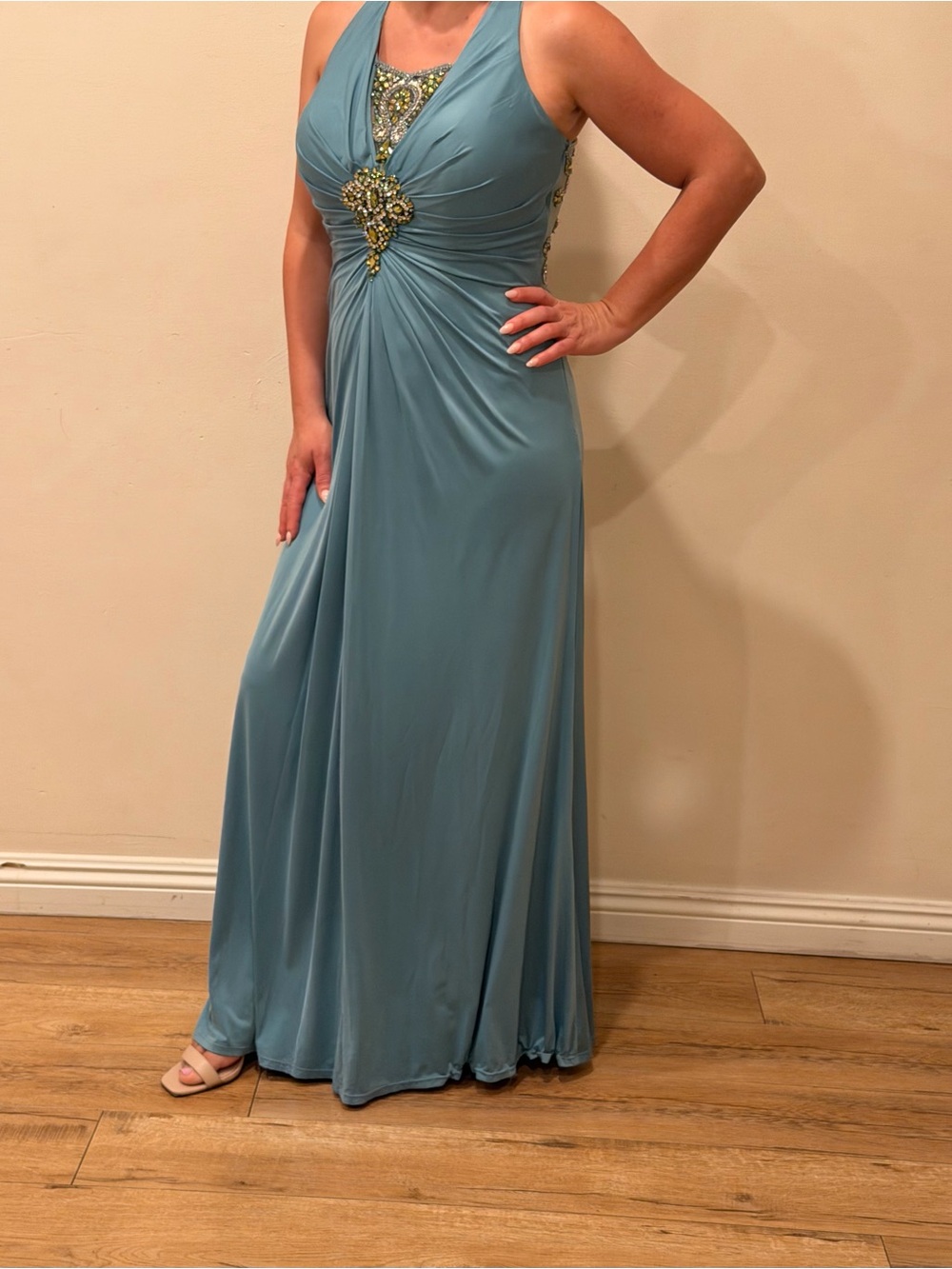 Elegant Halter Evening Gown in Soft Blue with Embellished Waist